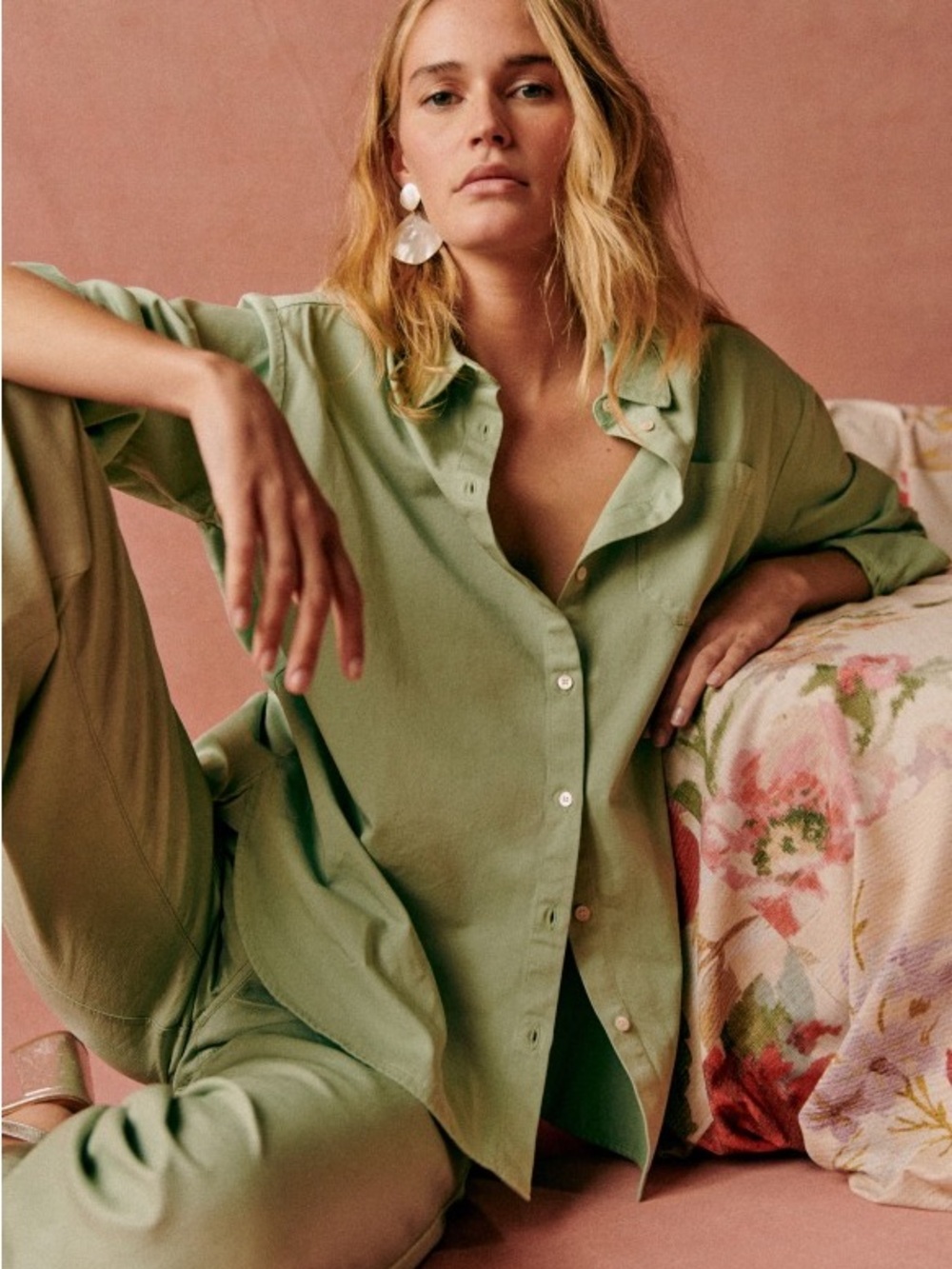 Sezane Max Shirt in Pastel Green Relaxed Button-Down size 44